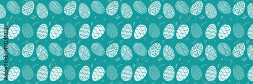 Seamless pattern of decorative Easter eggs in soft pastel tones on a teal background, perfect for spring designs, holiday decor, wrapping paper, and festive textiles.