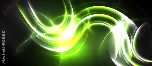 Bright green energy flows, swirling patterns dominate dark background. Light radiates, creating dynamic visual effect.