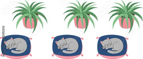 Cute Sleeping Cat on Blue Cushion and Green Houseplant in Pink Pot Illustration Set for Cozy Home Decor and Pet Care Design
