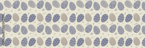 Seamless pattern of decorative Easter eggs in soft blue and beige tones on a light background, ideal for spring designs, holiday decor, wrapping paper, and textiles.