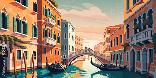 Romantic Venice canal scene with gondolas and historic buildings