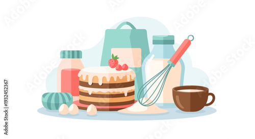 Baking Ingredients and Cake Illustration with Whisk and Eggs.