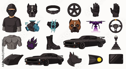 Collection of futuristic and modern elements: cars, drones, characters, and accessories for design