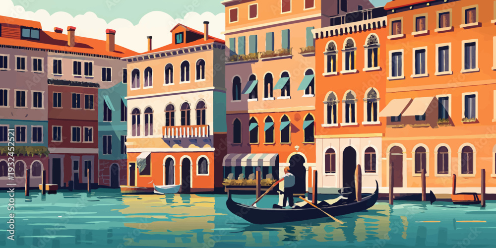 Fototapeta premium Gondolier navigating through serene Venetian canal