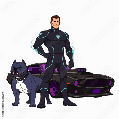 Superhero with muscular dog and futuristic sports car, dynamic pose, sci-fi concept art, vibrant colors, action hero