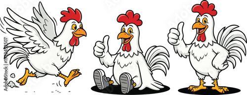 Funny Cartoon Rooster Character Set Showing Running, Hatching from Egg and Standing Poses Isolated on White Background Farm Animal Vector Illustration
