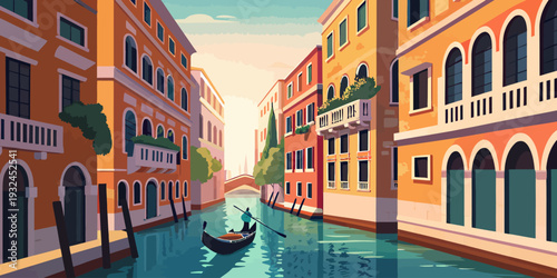 Venetian canal scene with gondola and colorful buildings