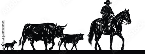 Silhouette illustration of cowboy riding horse with dog, cow, and calf in rural western scene, representing pastoral lifestyle, ranching, herding, and agricultural design concepts.