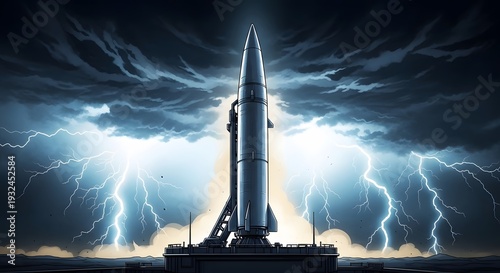 Modern comic-style 2D illustration of a ballistic missile on a launch pad under a stormy sky, lightning striking in the background