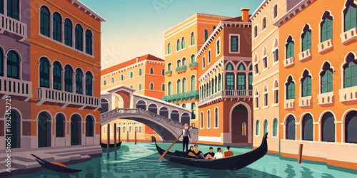 Venetian canal scene with gondola and historic buildings