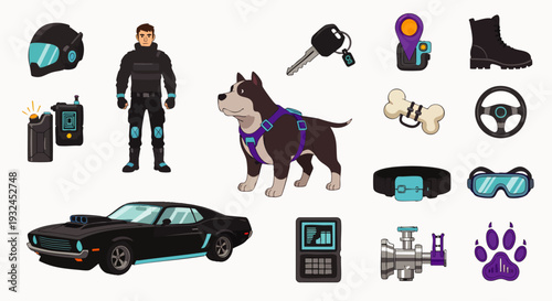 Vector set of security and protection elements: tactical gear, strong dog, muscle car, helmet, boots, walkie-talkie, car key, GPS, and tech items.
