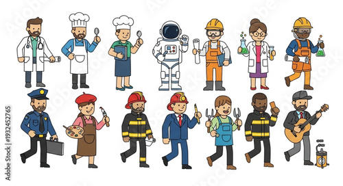 Diverse group of professionals showcasing various occupations and careers in a vibrant illustration.