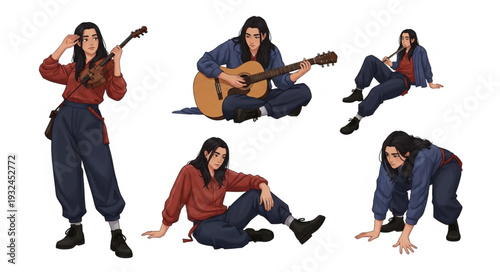 Woman in various poses with musical instruments and casual attire.