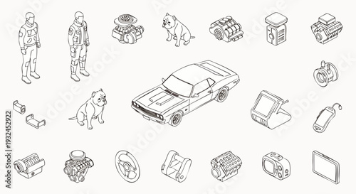 Isometric line art collection of diverse objects including a car, engines, dogs, and people in astronaut suits.