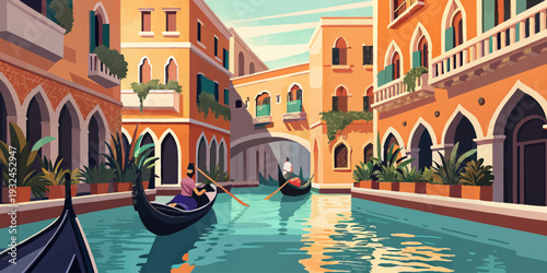 Gondolas gliding through serene Venetian canal with historic architecture