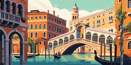 Romantic Venice canal scene with historic bridge and gondolas
