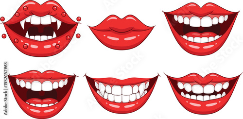 Red Glossy Lips Set with Different Smiles Teeth and Expressions Cartoon Vector Illustration Collection
