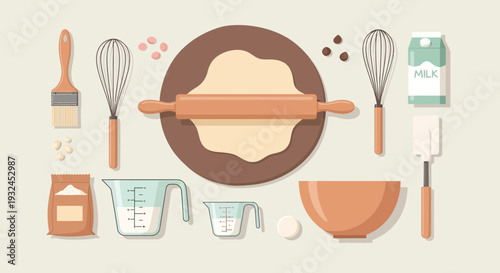 Baking Ingredients and Tools for Dough Preparation Illustration.