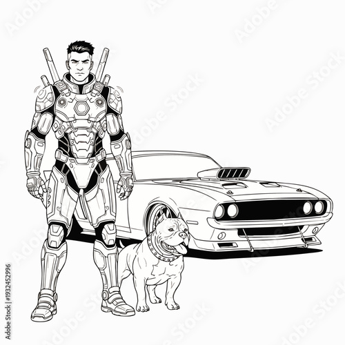 Futuristic Warrior in Sci-Fi Armor Standing Next to a Muscle Car with His Dog, Line Art Illustration