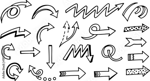 Hand drawn doodle arrow set with sketchy marker style. collection of hand drawn doodle arrows created in a sketchy marker style.