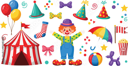 Circus Carnival Elements Set with Clown Tent Balloons Umbrella and Party Accessories Cartoon Vector Illustration
