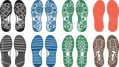 Sneaker Sole Pattern Collection Featuring Various Shoe Tread Designs and Footprint Textures Isolated on White Background Vector Illustration Set