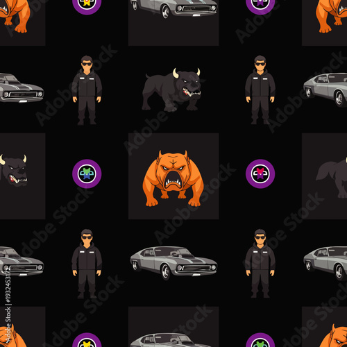 Seamless pattern of muscle cars, tough dogs, and security guards on a black background, vector illustration