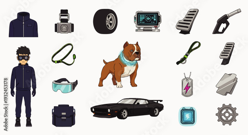 Set of icons and illustrations for action movie, including a thief, dog, car, and various objects