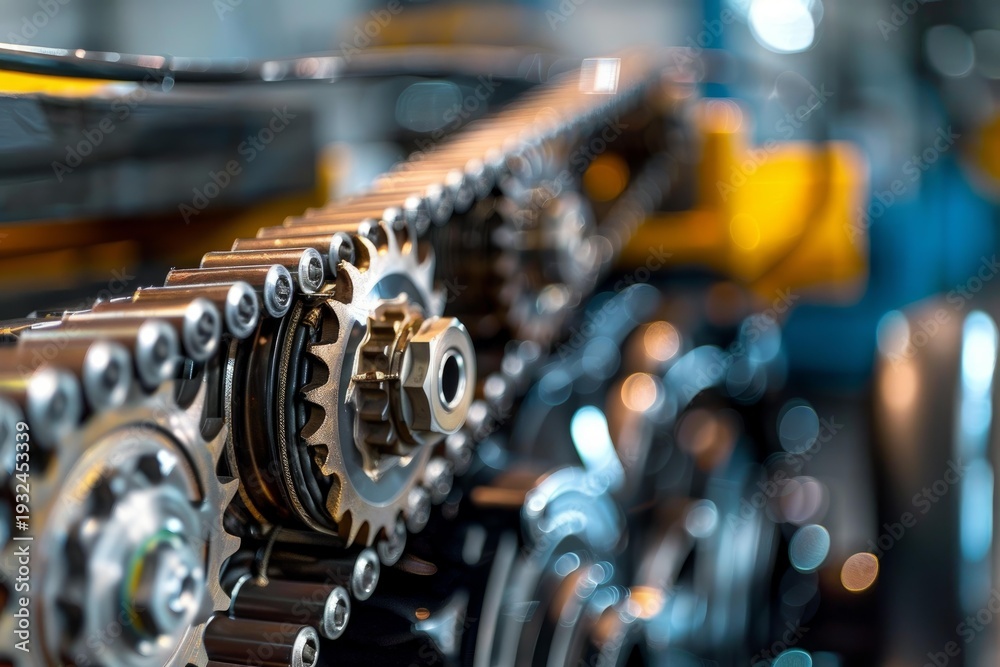 Fototapeta premium Chain drive system rotating with gears in industrial machinery, showcasing power transmission