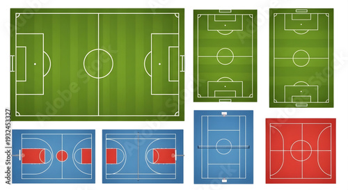 Top View Soccer and Multi-Sport Field Vector Set – Football, Basketball and Tennis Court Layouts