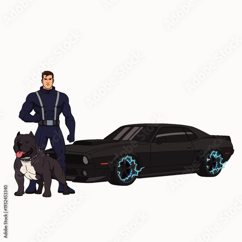 Man in Tactical Gear and Pitbull Dog Posing with a Classic Muscle Car with Electric Wheels