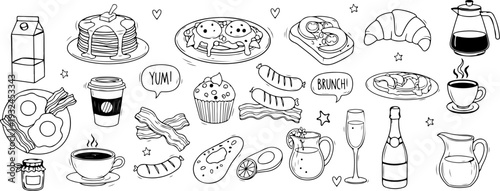 Hand drawn black doodle brunch food illustration bundle set. illustration bundle features a variety of brunch foods, including breakfast and lunch favorites.