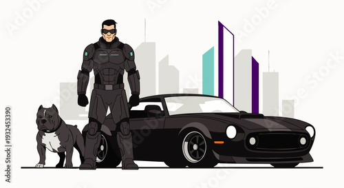 Superhero with muscular dog and sports car in front of futuristic city skyline, symbolizing power, protection, and modern lifestyle