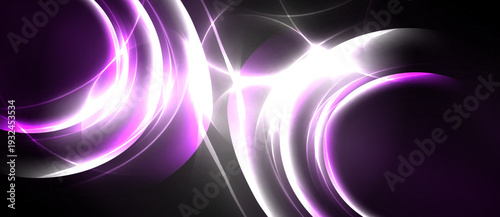 Abstract swirls, vibrant purple, white light create dynamic energy. Smooth curves suggest motion, depth within darkness.