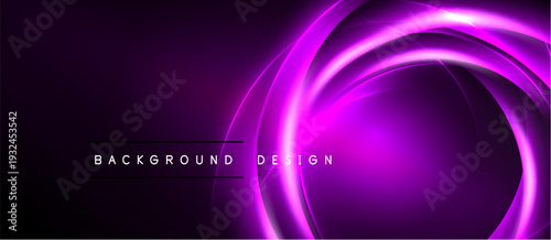Abstract purple design features glowing circular layers. Dark background enhances vibrant light effects, creating modern aesthetic.