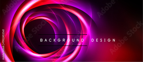 Dynamic swirling neon lights create vibrant abstract background. Red, purple hues dominate design, evoking energy, motion.