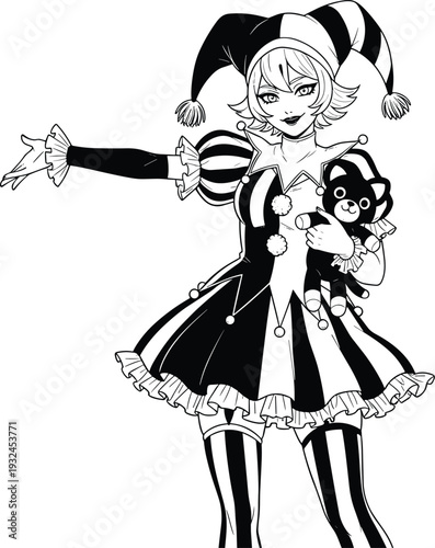 Black and White Anime Jester Girl Character Holding Teddy Bear Gothic Carnival Vector Illustration