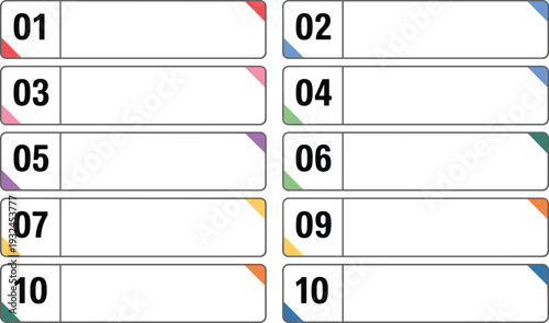 Ten Numbered Rectangular Labels with Colored Corner Flags on White numbers tags