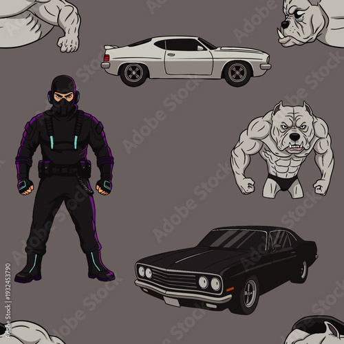 Muscle Cars, Tough Guys, and a Ninja: A Retro-Inspired Vector Illustration with a Gritty Vibe