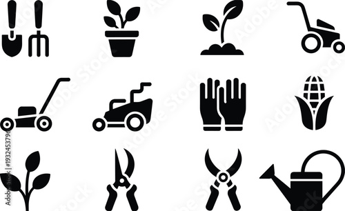 Black gardening and lawn care icons set featuring tools plants mower gloves watering can and pruning shears vector collection