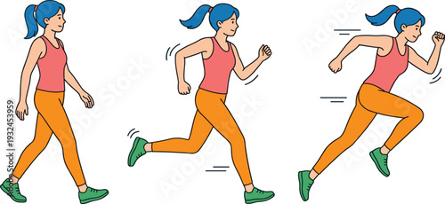 Woman Walking and Running Motion Sequence Illustration Showing Different Phases of Female Jogger Movement Isolated on White Background Vector Character Set
