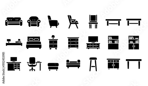 Solid Furniture Icon Set with Sofa, Armchair, Bed, Desk, Table, Cabinet, and Storage Elements for Home Interior Design and User Interface Graphics