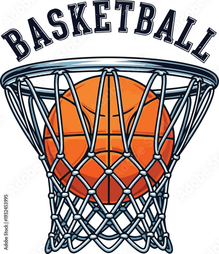 An illustration of a basketball falling through a hoop with the word basketball above it.