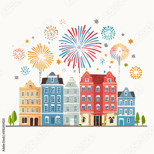 Colorful buildings celebrating with fireworks in the sky.