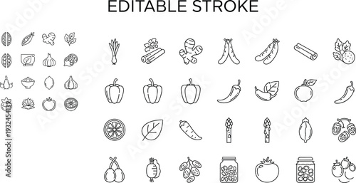 Editable Stroke Vegetable and Organic Food Icon Set with Garlic, Pepper, Ginger, Asparagus and Healthy Outline Vector Collection Isolated on White Background