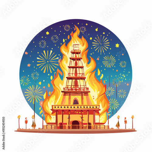 Temple engulfed in flames with fireworks exploding in the background.