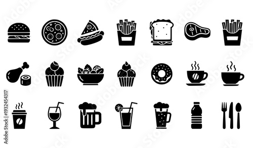 Food and Beverage Icon Set with Fast Food, Desserts, Snacks, Coffee, and Drink Symbols for Restaurant Menus, Apps, and Cafe Designs