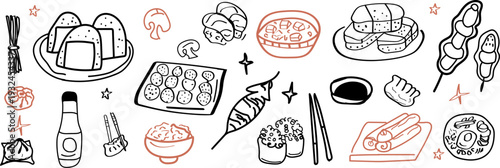 Hand drawn illustration set showcases a variety of Asian food, focusing on different traditional Japanese meals.