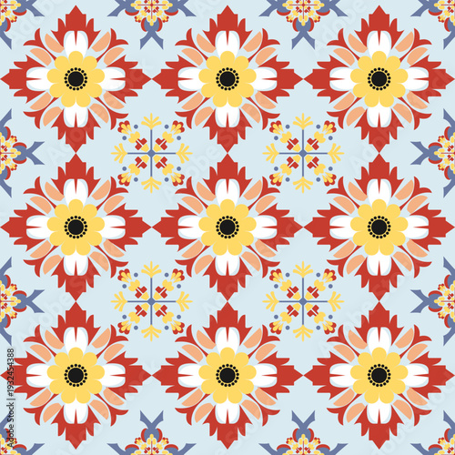 Elegant folk-style floral seamless pattern with geometric ornaments for textiles, carpets and home wallpaper