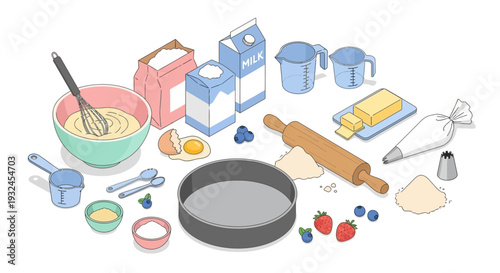 Baking Ingredients and Utensils for Cake Preparation.